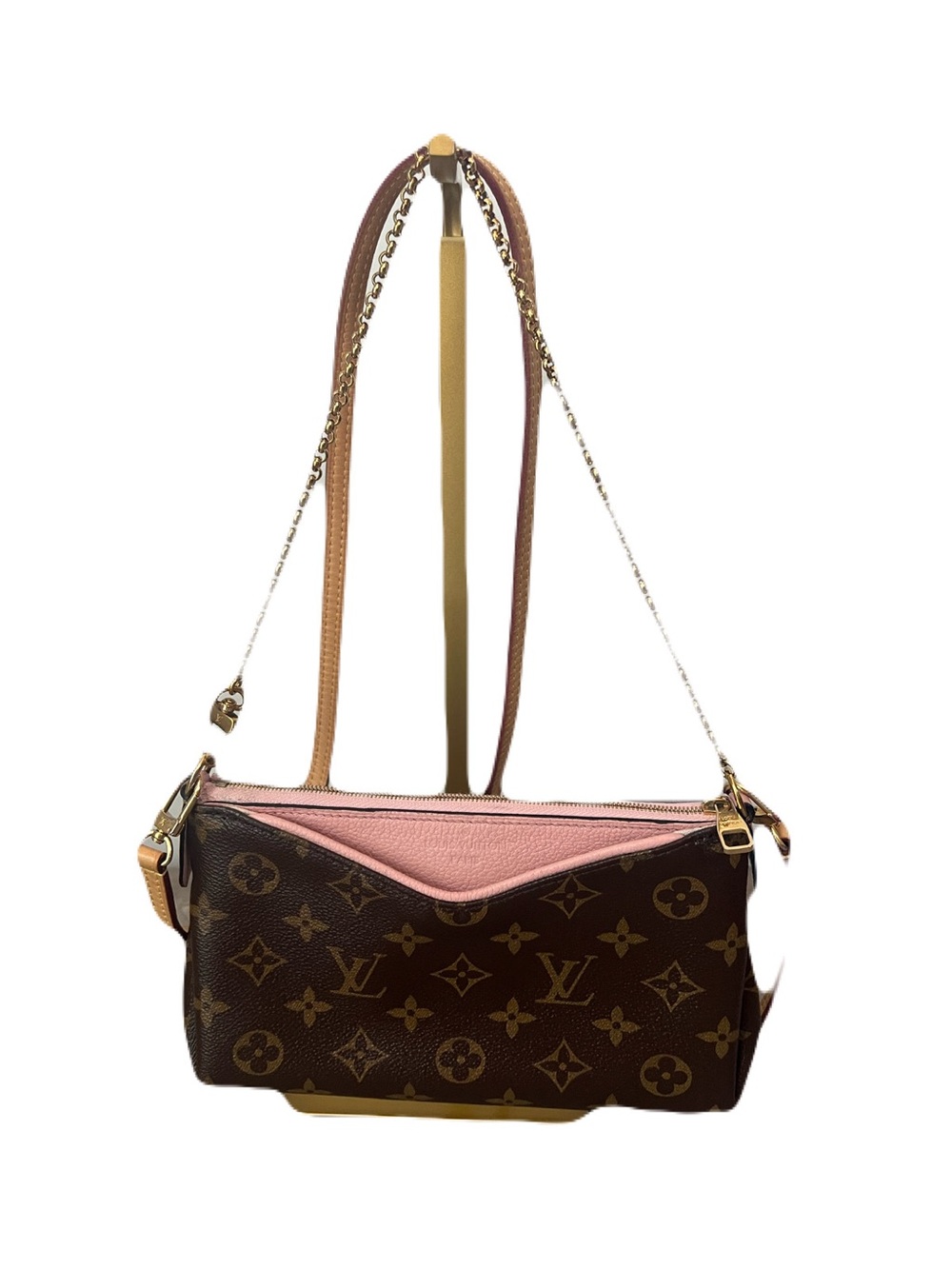 Louis Vuitton Pallas Clutch Brown Monogram Crossbody with Pink Trim